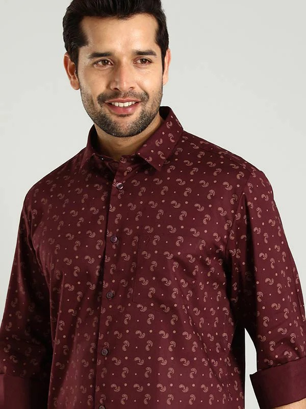 Indian Terrain Men's Regular Fit Full Sleeve All Over Print Maroon Shirt